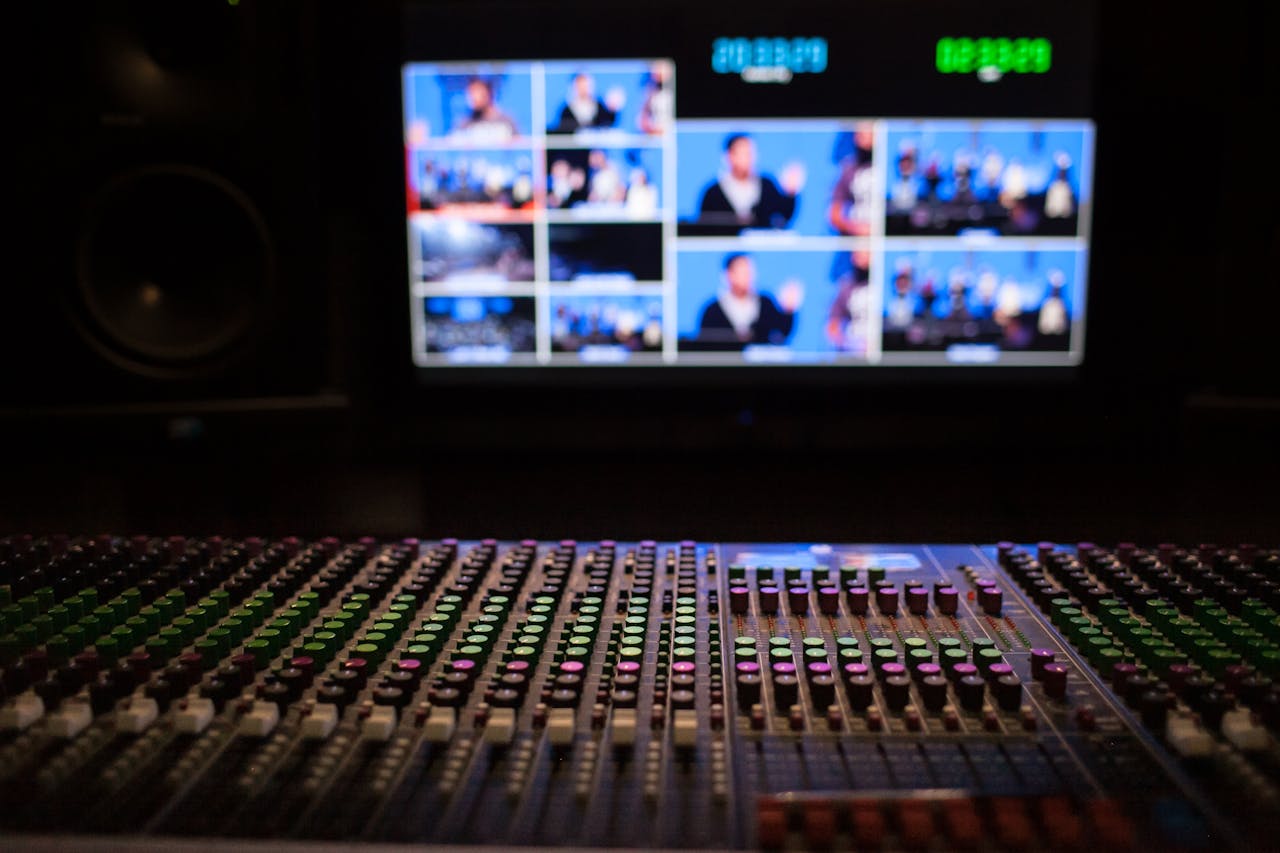 gallery-03 Close-up of a sound mixer with screens displaying video feeds in a professional studio setup.
